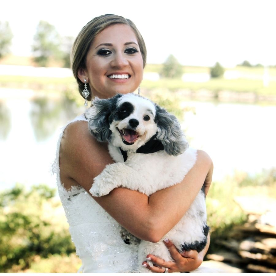bride holding Maltese mix dog