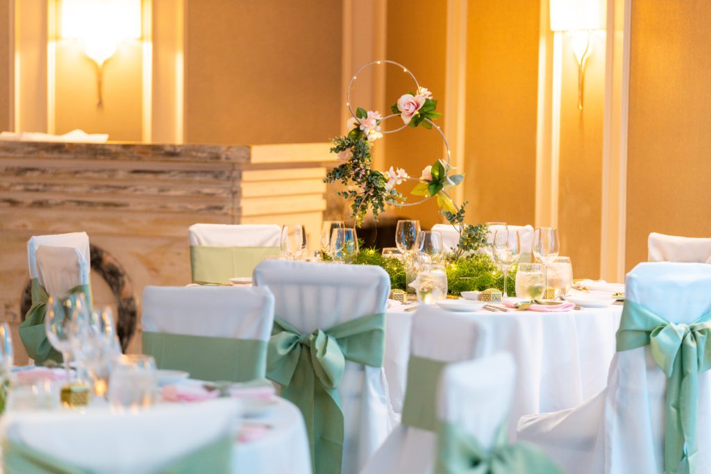 white and teal table setting